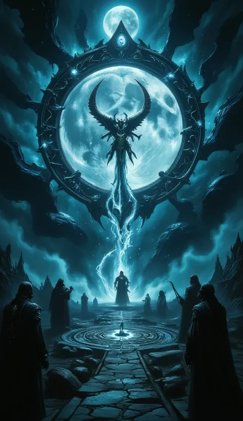  Full Moon Night , 8 mages stand around the huge magic circle, each casting a spell, The center of the five-pointed star in the magic circle shines, A demon with a large horn that has been summoned appears