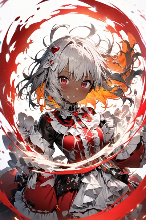 (One girl, Anime Characters),(white ruffle decoration on red gothic lolita clothes:1.5),(ruffled ribbon:1.2),(Orange inner color for gray hair,stupid hair,),( brown skin),Sparkling Red Eyes , proud expression,(Jewels and Locks Decorations),
( white backgro...