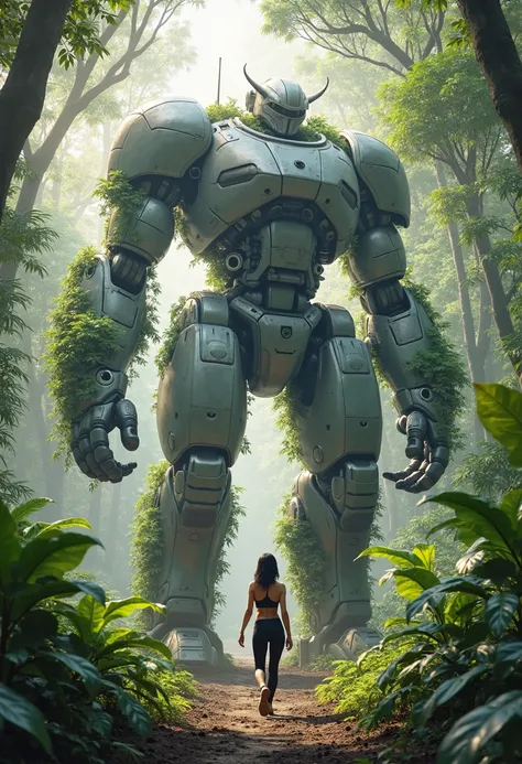 Massive, overgrown, metallic robot in lush forest setting.  Young Asian woman, mid-20s, walks toward towering,  vegetation-covered,  gray-metal robot.  Woman wears form-fitting black sports bra and leggings.  Her posture is confident and deliberate.  Robot...