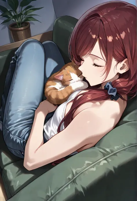 (masterpiece, best quality), solo, intricate details, JK, sleeping girl, from above, cat curled up and sleeping on girl’s lap, laying on couch, beautiful face,  ((closed eyes, Dark red hair, long swept bangs, long hair in low twin tails)), hair scrunchie, ...