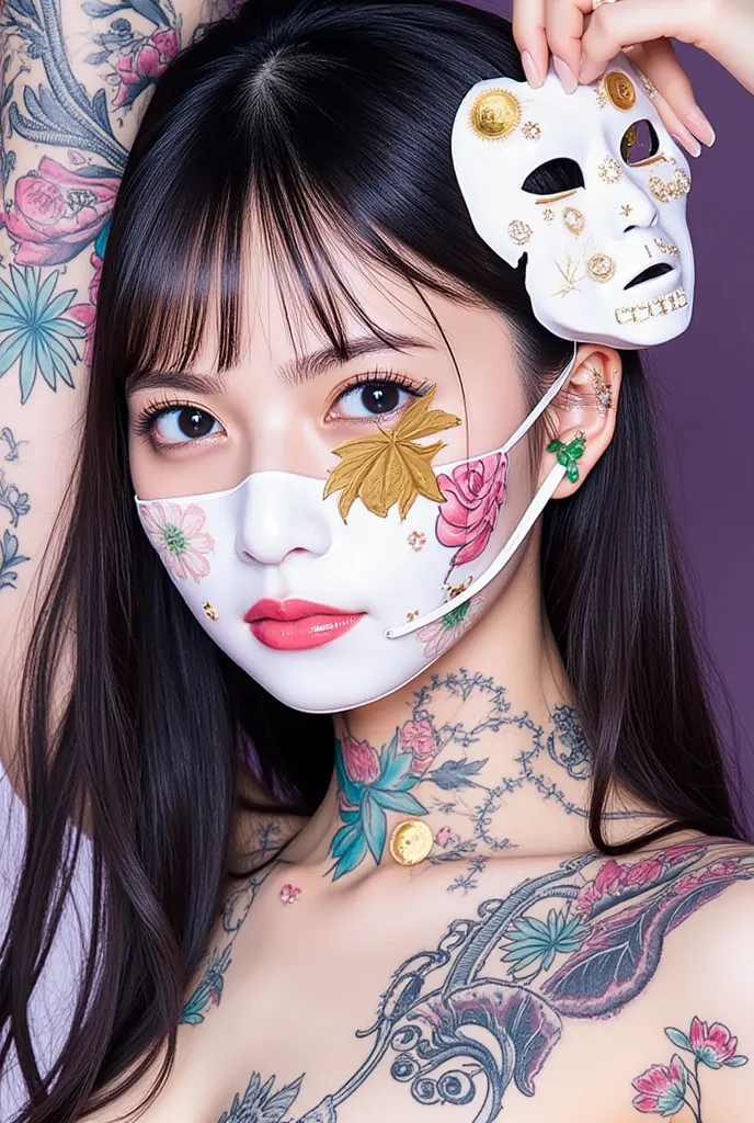 TEST CASE, In different poses, Tattooed woman with porcelain mask, covered in floral patterns, blue eyeshadow, half her face is broken showing gold leaves resting on her face, o ring collar, light magical sparkles, detailed realistic eyes, detailed smoky e...