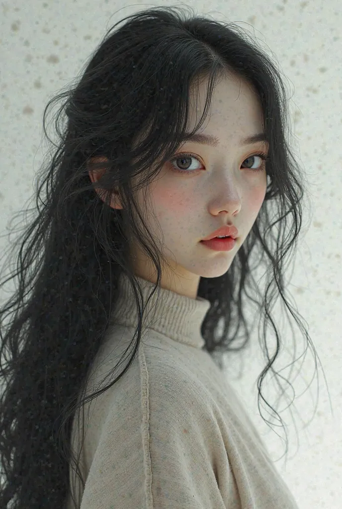 My father is a girl with deer eyes, long black hair and a square face. She has dimples. She has small nose, puffy lips and is beautiful wearing a pullover