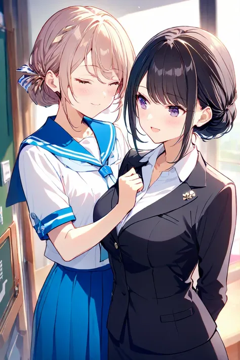  2 girls、character 1（ light beige hair、Curl inward、 sailor suit、灰色チェックのミニ skirt、Atmosphere for people、 Height）、Character 2（ female 1、long black hair、Bun Hair、Tactile hair、 suit、 skirt、 Female Teacher）