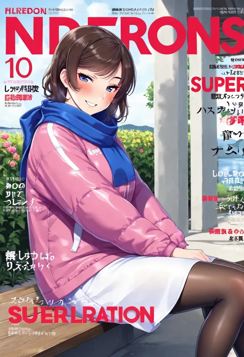 magazine cover(((best quality))),(((super detailed))),(((Masterpiece))),illustration,1 girl,detailed face,ok,smile,windbreaker,scarf,pantyhose,