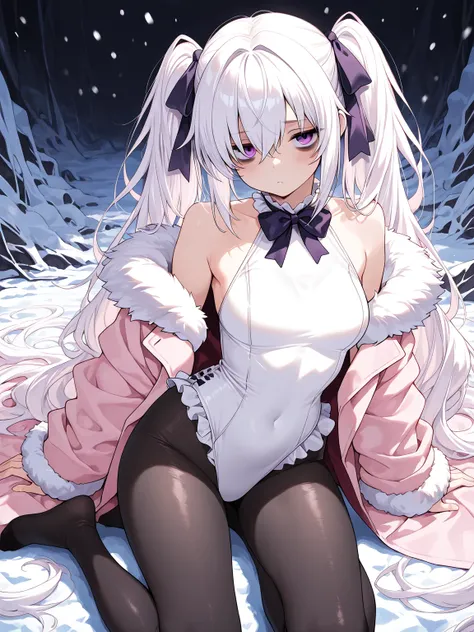 1girl, white hair, very long hair, twintails, purple eyes, bags under eyes, hair ribbon, pink coat, open coat, fur-trimmed coat, fur-trimmed sleeves, white halter leotard, sleeveless, frills, bowtie, black pantyhose,, (masterpiece, best quality, extremely ...