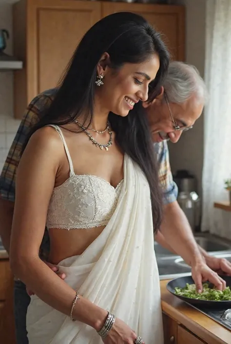 A beautiful married Indian woman wearing a white net style sleeveless saree.she's white bra strap are seen.she in the kitchen.she cooking a good item.she have 25 years old style body.she's husband 57 years old body behind her hugging.she wearing wedding th...