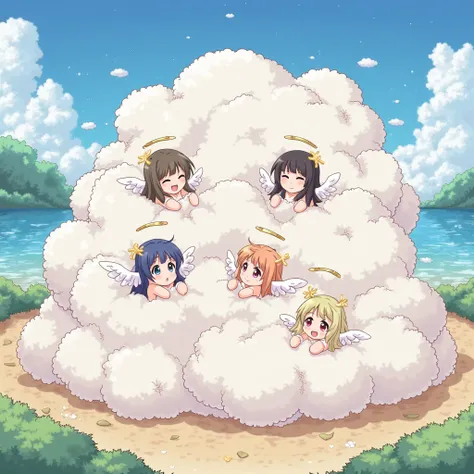 An anime-style illustration depicting  angel-girls playfully wrestling with each other inside a utopia comical fight cloud.
each angel-girl has different colored hair.
their faces,hands,and feet are visible emerging from the cloud as they tussle humorously...