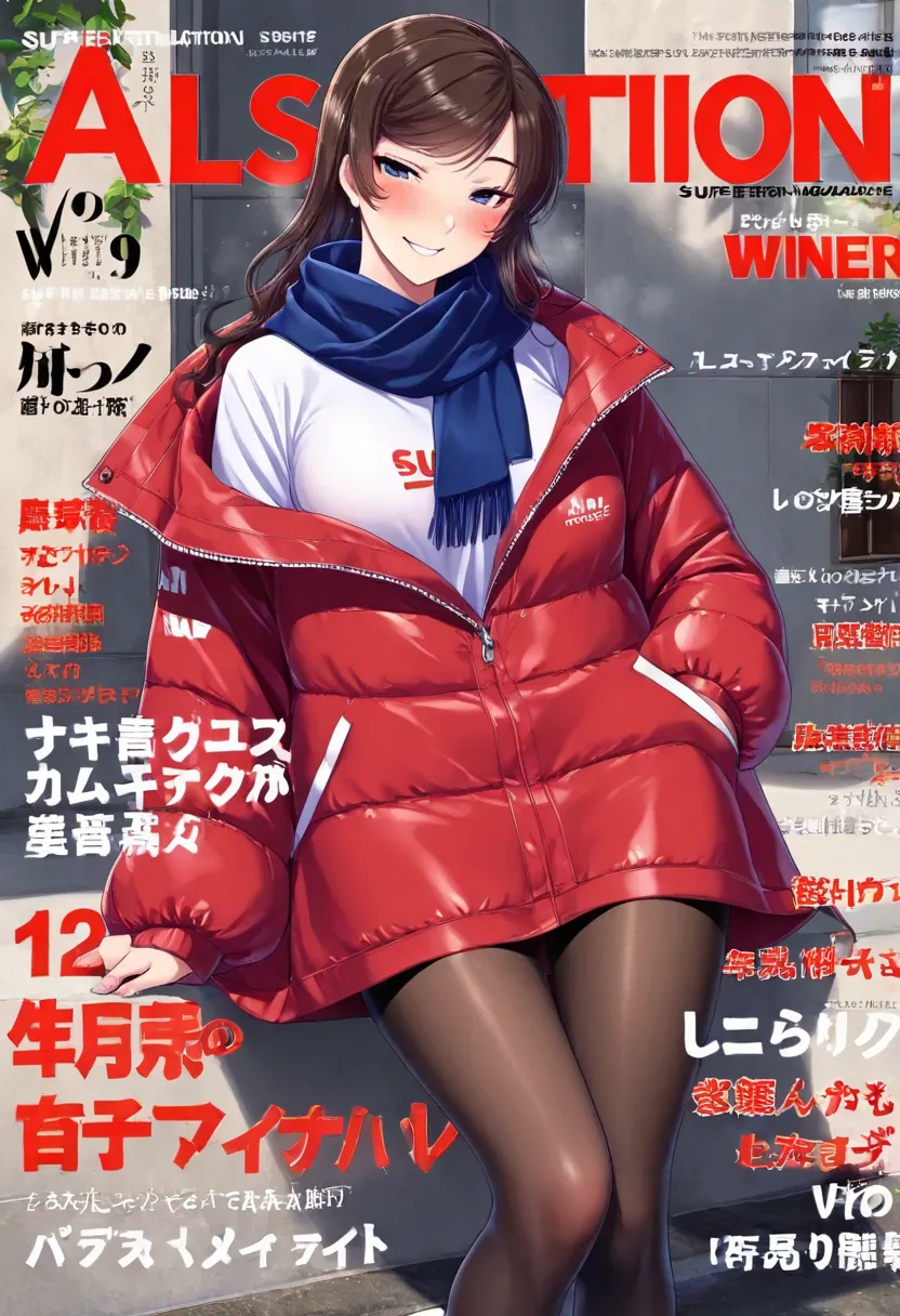 magazine cover(((best quality))),(((super detailed))),(((Masterpiece))),illustration,1 girl,detailed face,ok,smile,windbreaker,scarf,pantyhose,