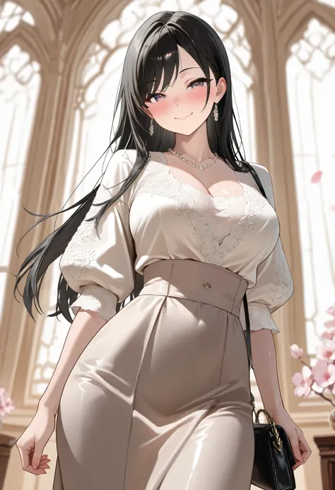 (best quality, masterpiece, ultra detailed, high resolution), Beautiful 8K CG artwork, Enriched photography, anatomically accurate body, depth of field,  1girl, elegant yet sexy girl, (long hair, black straight hair, swept bangs), 
round large breasts, bre...