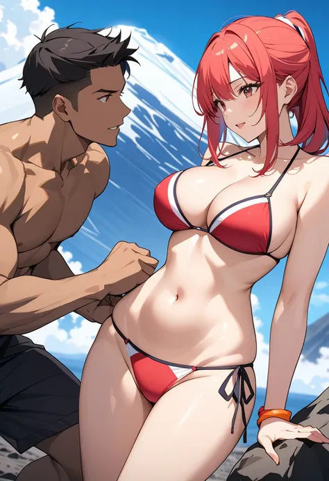 (masterpiece, best quality),source_anime,vibrant colors,A boy exercises with a busty woman in a bikini on Kilimanjaro.