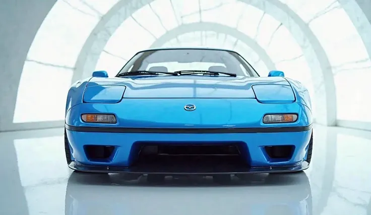 A captivating and futuristic image of the 1985 Mazda rx7  is displayed in a luxurious white showroom. The car is painted in a striking vibrant blue hue, emphasizing its sleek, aerodynamic design with bold accents that highlight the cutting-edge innovation ...