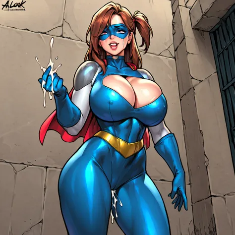  beautiful women,  Superhero,  pretty face,  Sexy Body , Big Breasts,  wall that is slightly longer on one side ,  surrenders and raises his hand , Beautiful face covered in cum, A look of regret