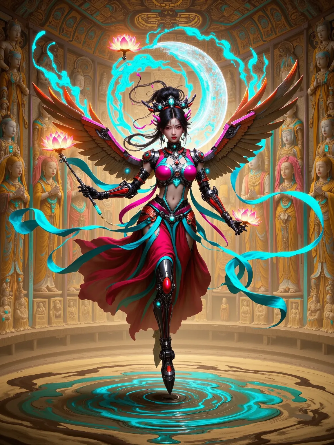 Tang Feng's mechanical flying girl，wearing，Red-themed mechanical armor，behind it is a pair of huge mechanical wings，The wings have blue flames on the edge，holding a mechanical crescent shovel。
where ink and cyberpunk collide，The image of the god in the Dun...