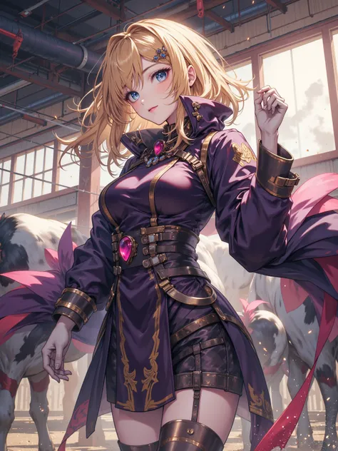  Fascinating depiction of a girl named Therese， Blonde dark hair， Tsundere expression， Bright Blue Eyes ， Beautiful grey skin， Tsundere temperament，blue eyes， Deep eyes， Dark pink gemstone， Dark purple suit，Reveal the coat， Milking room atmosphere， Metalli...