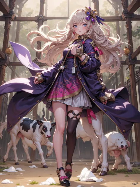  Fascinating depiction of a girl named Therese， Blonde dark hair， Tsundere expression， Bright Blue Eyes ， Beautiful grey skin， Tsundere temperament，blue eyes， Deep eyes， Dark pink gemstone， Dark purple suit，Reveal the coat， Milking room atmosphere， Metalli...