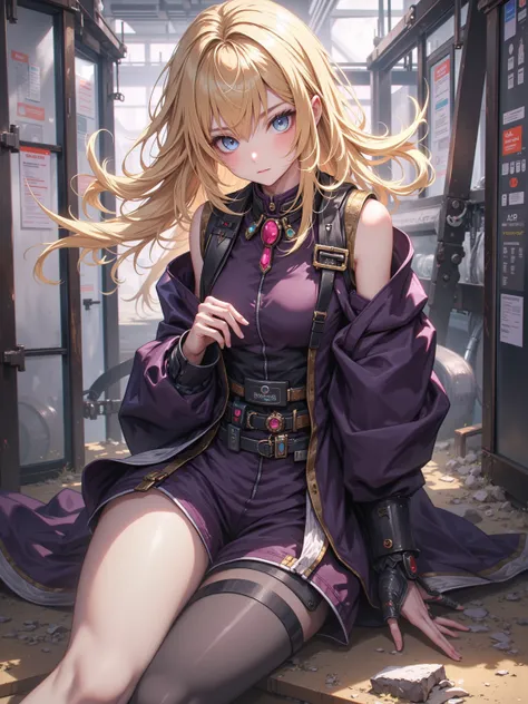  Fascinating depiction of a girl named Therese， Blonde dark hair， Tsundere expression， Bright Blue Eyes ， Beautiful grey skin， Tsundere temperament，blue eyes， Deep eyes， Dark pink gemstone， Dark purple suit，Reveal the coat， Milking room atmosphere， Metalli...