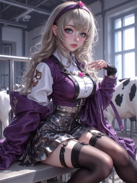  Fascinating depiction of a girl named Therese， Blonde dark hair， Tsundere expression， Bright Blue Eyes ， Beautiful grey skin， Tsundere temperament，blue eyes， Deep eyes， Dark pink gemstone， Dark purple suit，Reveal the coat， Milking room atmosphere， Metalli...