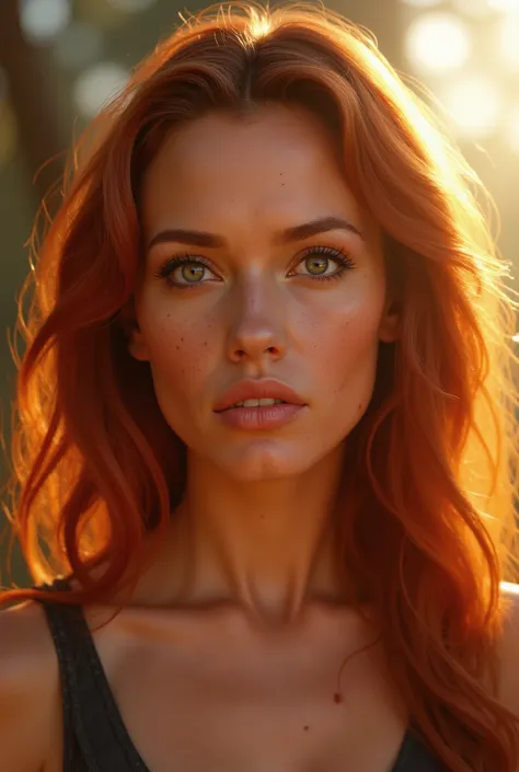 Create a realistic portrait of a 25-year-old woman with red hair. She has striking green eyes, freckles across her nose and cheeks, and delicate porcelain skin. Her hair is wavy, cascading freely over her shoulders with a subtle sun-kissed glow. She wears ...