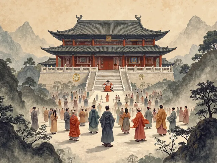 Chinese ancient style，Q version ink style，Xiuxian theme，Many sects stand in front of the main hall of the sect