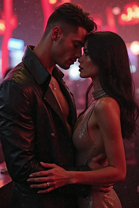 A smooth black-haired woman wearing a silver collared dress at a nightclub with a muscular man in a black jacket hugging each other realistic ultra HD 8k image 