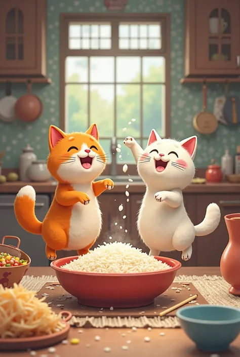 Cat and dog make rice
And dancing
