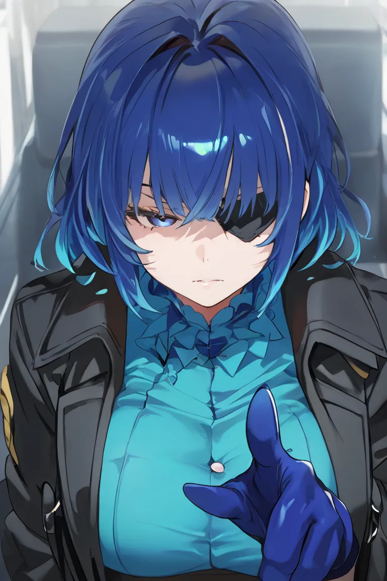  a girl with large breasts ,  blue hair, multicolored hair, detailed eyes, pointing at the viewers, blue glove, Black eye patch , blue blouse, black coat,  neutral expression , best quality 