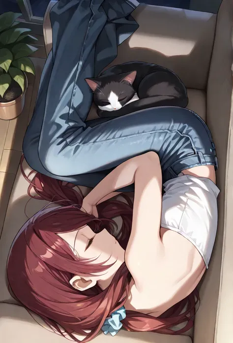 (masterpiece, best quality), solo, intricate details, JK, sleeping girl, from above, cat curled up and sleeping on girl’s lap, laying on couch, beautiful face,  ((closed eyes, Dark red hair, long swept bangs, long hair in low twin tails)), hair scrunchie, ...