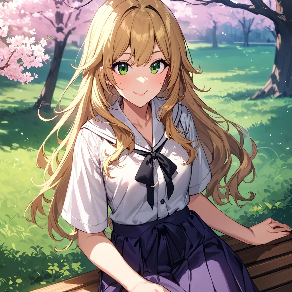 ( masterpiece),(TOP QUALITY),( super high resolution),(best illustration),( ridiculous),( detailed background),(  very aesthetic), Starry_miki, 1 girl, Alone, long hair, blond hair, (stupid hair:1:1), green eyes , front view,cowboy shot, portrait, smile, B...