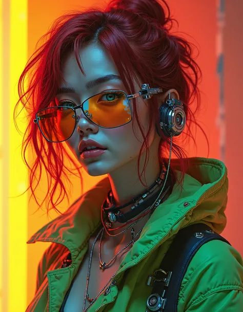 A Korean woman with an aesthetic that mixes cyberpunk and steampunk elements. The woman has striking features: Deep red hair, tousled as if in motion. Bright blue eyes and dramatic makeup. Technological glasses on her forehead with bright orange lenses. A ...