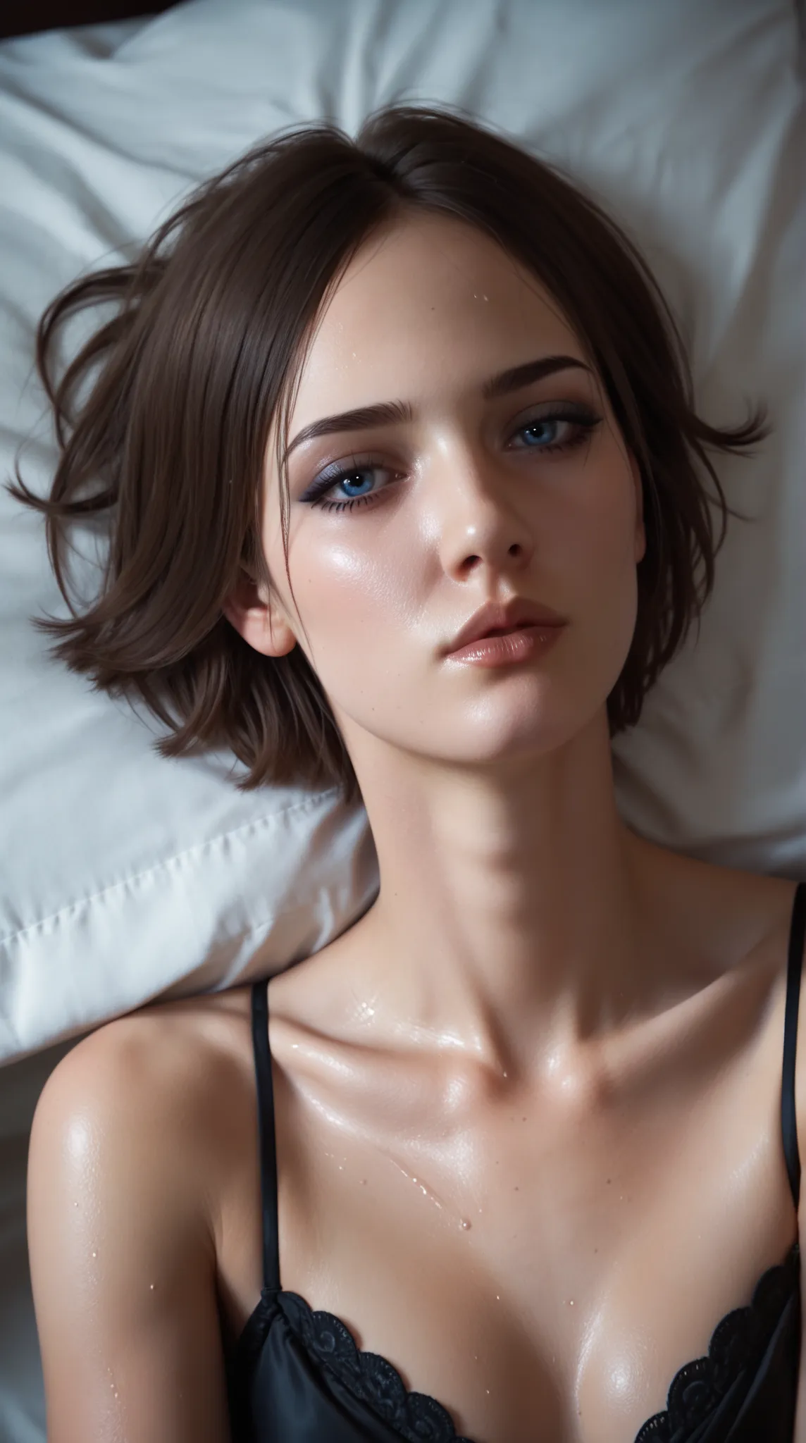 TEW2Juli, 1girl, short brown hair, blue eyes, makeup, mascara, eyeliner, lipstick, extremely skinny, slim body, looking at viewer, lying face down on a bed, sexy figure hugging black dress, lots of sweating, warm light, nostalgic and peaceful feeling, scor...