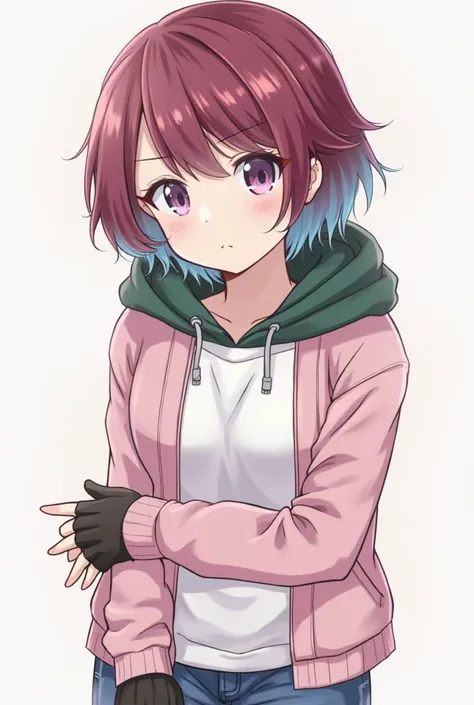 I'm Takami Tamura, a girl with short dark red and light blue hair, light purple eyes, wearing a pink jacket with white undershirt, dark green hoodie that cover my hair, jeans and gloves that do not cover fingers