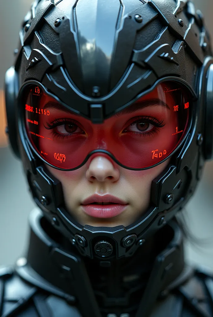 Close-up portrait of a woman wearing a futuristic black helmet with a red digital display on the visor. The helmet is intricately designed with mechanical details, having a metallic and glossy finish. The visor shows red digital information including numbe...