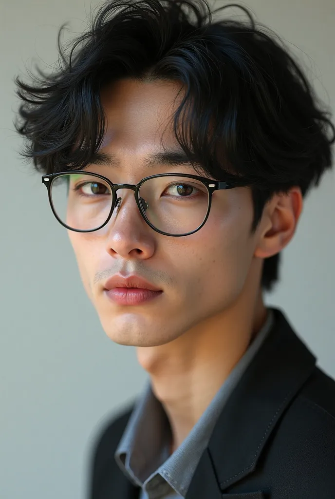 Pretty boy with almond shaped eyes, medium wavy hair ,black hair,with square glasses 