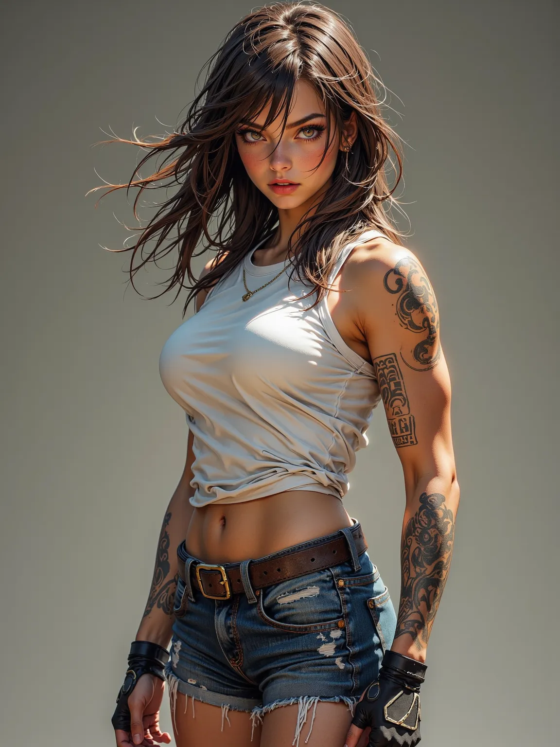 A bold and skilled female wrestler with oily skin，Only 23 years old，excels at acting alone， muscular lines marked ，energetic female character，wearing a white sleeveless T-shirt and short jeans，(fierce passion:1.2)