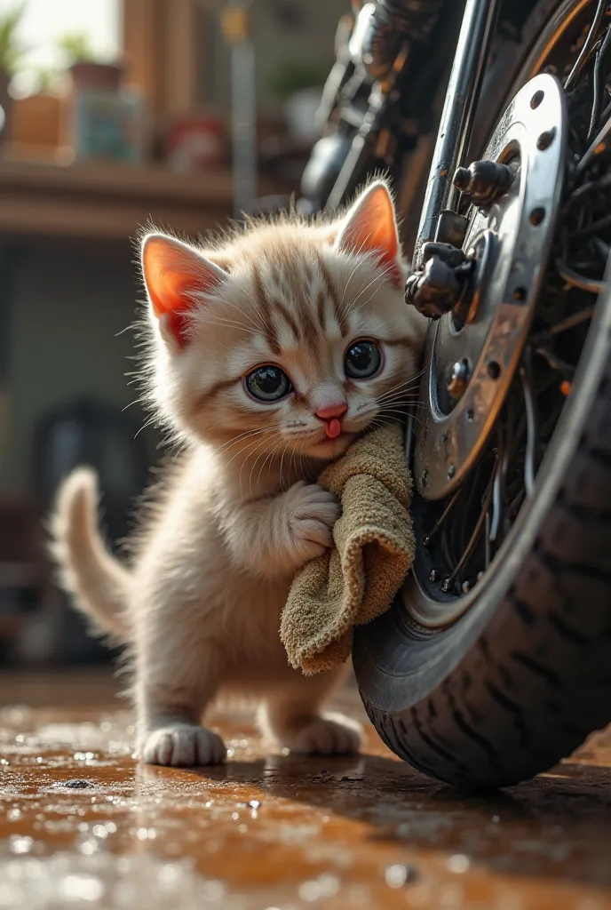 A kitten is struggling to clean a motorbike