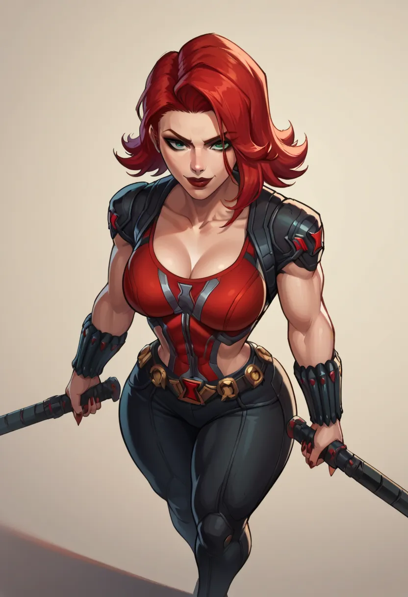 score_9, score_8_above, score_7_above, score_6_above, Expressiveh, Black Widow_Rivals , 1 ,  alone,   beautiful, perfect tall face ,   long red hair,   asymmetric hair ,  dark red lips, adjust, thin,  thin waist,  smile, (thick thighs), ( muscular thighs :...