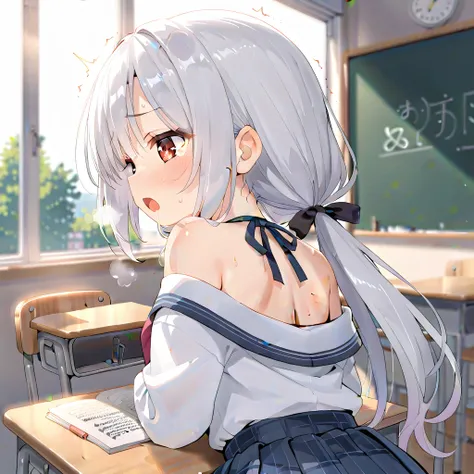 (masterpiece,beautiful,hughres,CG,8k,16k,best quality,high-resolution,detailed eyes:1.5),anime,source anime,illustration,(pale colour:1.2),(back shot:1.8),(upper body:1.2),(schools,classroom, on the desk :1.4),( 1girl ,cute girl,Alone,loli,Young,Baby Face,...