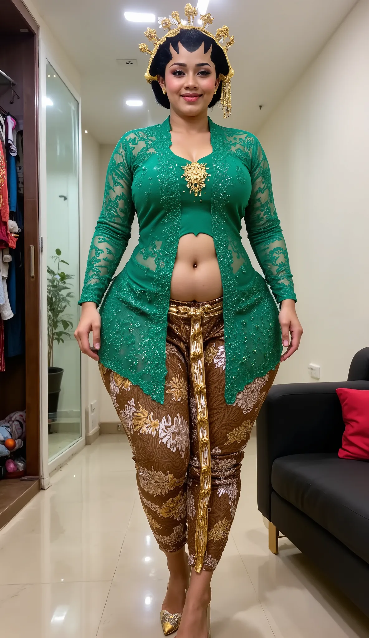 I am indonesian pregnant woman 56 years old,wearing  green kebaya,gold high heel, wide hips, High Resolution, Anatomically Correct, Accurate, Detail,Textured Skin, realistic skin, glowing skin,From Above, Seductive Smile, 