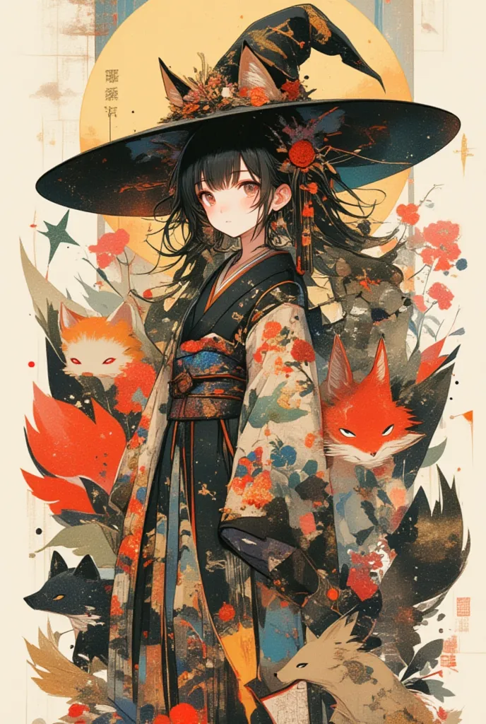 (masterpiece, best quality),(multiple exposure silhouette: 1.2),
print collage depicting, girl(fox ear),she is surrounded by foxes symbols,wearing japanese traditional shrine maiden costume,witch,splash color, collage art, contemporary artistic collage,