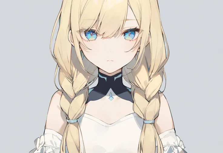  girl、front、From the chest up、blonde hair、 braids、Blue Eyes、 expressionless、white wear, simple background