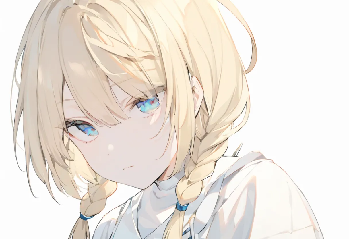  girl、front、From the chest up、blonde hair、 braids、Blue Eyes、 expressionless、white wear, simple background