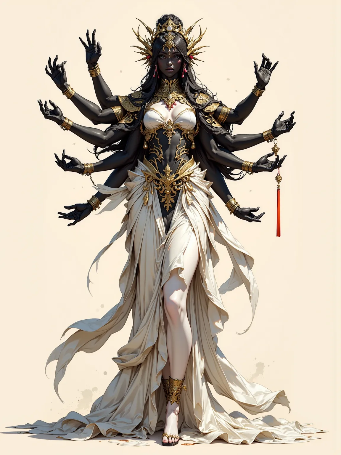 The digital masterpiece shows a many-armed goddess figure，uses a limited palette of black and light milky white，And embellished with gold，to create a charming contrast to the light beige background。This character shows elegance and power，with a dignified b...