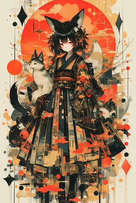 (masterpiece, best quality),(multiple exposure silhouette: 1.2),
print collage depicting, girl(fox ear),she is surrounded by foxes symbols,wearing japanese traditional shrine maiden costume,witch,splash color, collage art, contemporary artistic collage,