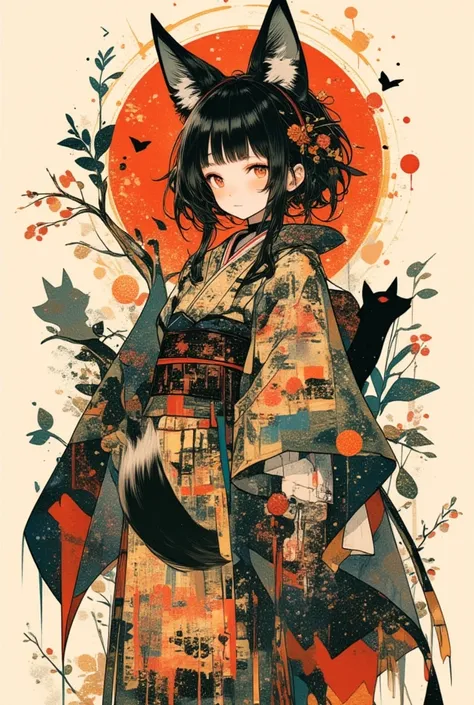 (masterpiece, best quality),(multiple exposure silhouette: 1.2),
print collage depicting, girl(fox ear),she is surrounded by foxes symbols,wearing japanese traditional shrine maiden costume,witch,splash color, collage art, contemporary artistic collage,