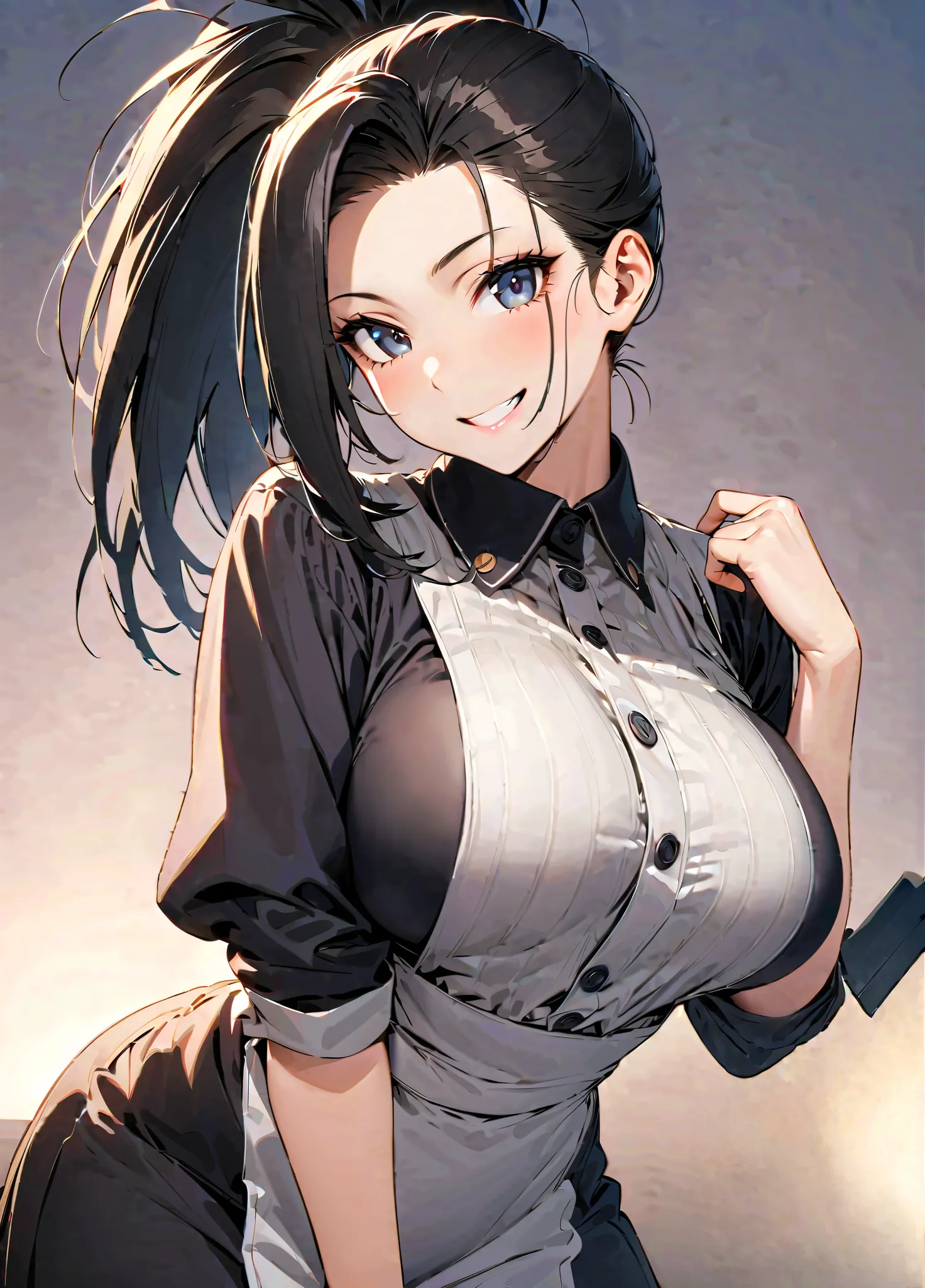 high quality, best quality, masterpiece, highres, very aesthetic, absurdres, , Yaoyorozu Momo, long hair, black hair, ponytail, black eyes, large breasts, smiling, casual clothes, gradient background, by Throtem, maid