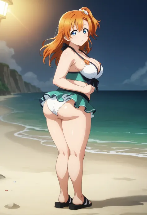 TRexStudio,source_anime, anime screencap,Shiny skin, kousaka honoka, orange hair , blue eyes,big breasts,dynamic lighting, detailed shading,beach, HENTAI , revealing skirt bikini, big ass,bbw,white bikini, green short skirt, standing, sandals