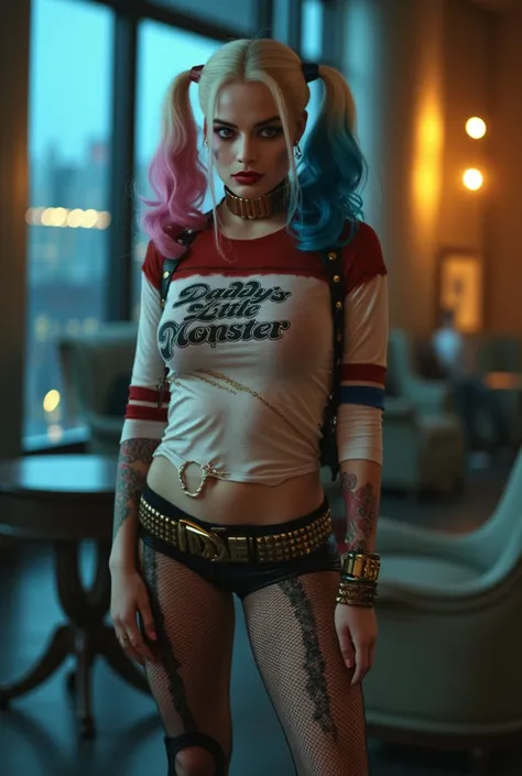 Hyper realistic photography. Sexy Harley quinn  wearing 'daddys little monster' t-shirt. Black lace panties. Black stockings and suspenders. Stood feet apart in a new yeok penthouse 