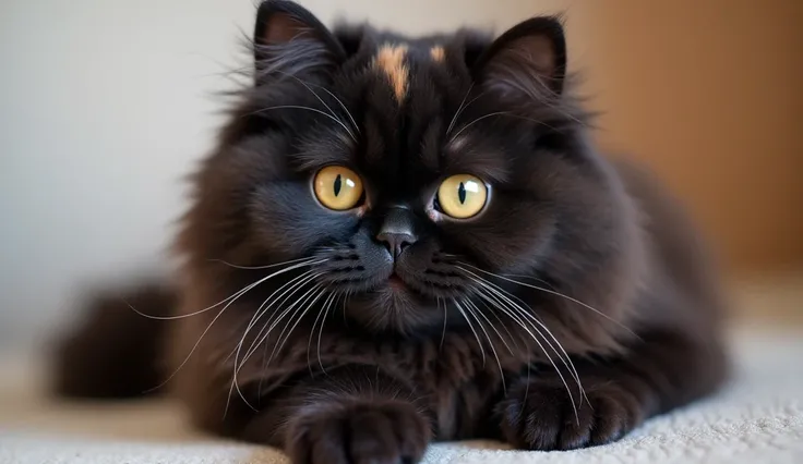 "A , triple-coated Persian cat with a cute appearance. The cat is predominantly black in color. The right eyelashes have a small white patch. The right side of the chin has a half-white patch. The neck is entirely black. The eye color is yellow, with fully...