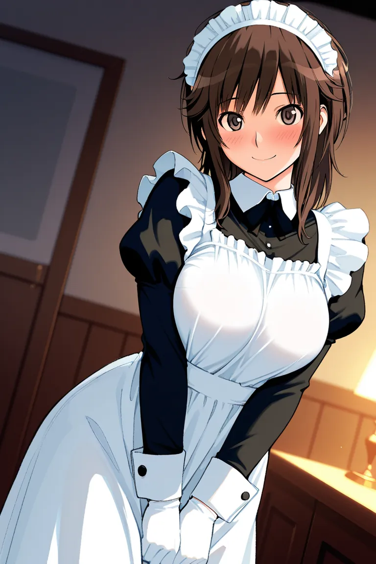 8k, Masterpiece, best quality, ultra detailed, high resolution, super fine illustration, sakurai_rihoko(amagami), 1girl, solo, blush,smile, brown eyes, medium hair, brown hair, sidelocks,bangs,large breasts,maid headdress, maid uniform,long skirt, apron, g...