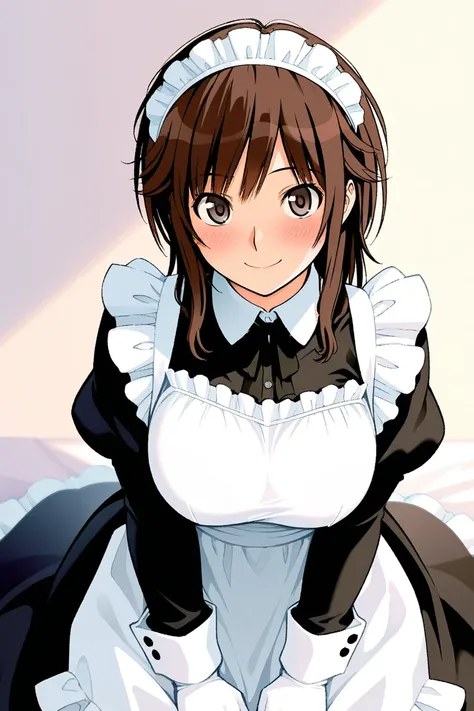 8k, Masterpiece, best quality, ultra detailed, high resolution, super fine illustration, sakurai_rihoko(amagami), 1girl, solo, blush,smile, brown eyes, medium hair, brown hair, sidelocks,bangs,large breasts,maid headdress, maid uniform,long skirt, apron, g...